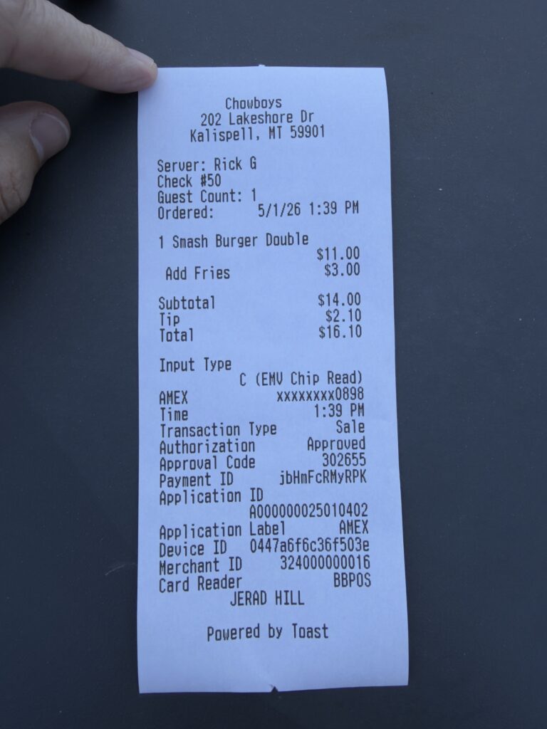 Chowboys Kalispell Receipt