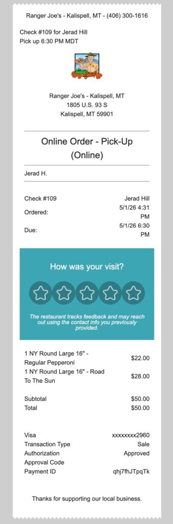 Ranger Joe's Purchase Receipt